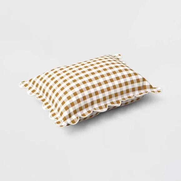 14x20 Gingham Scalloped Edge Outdoor Lumbar Pillow Brown -Threshold Studio McGee - Picture 3 of 4